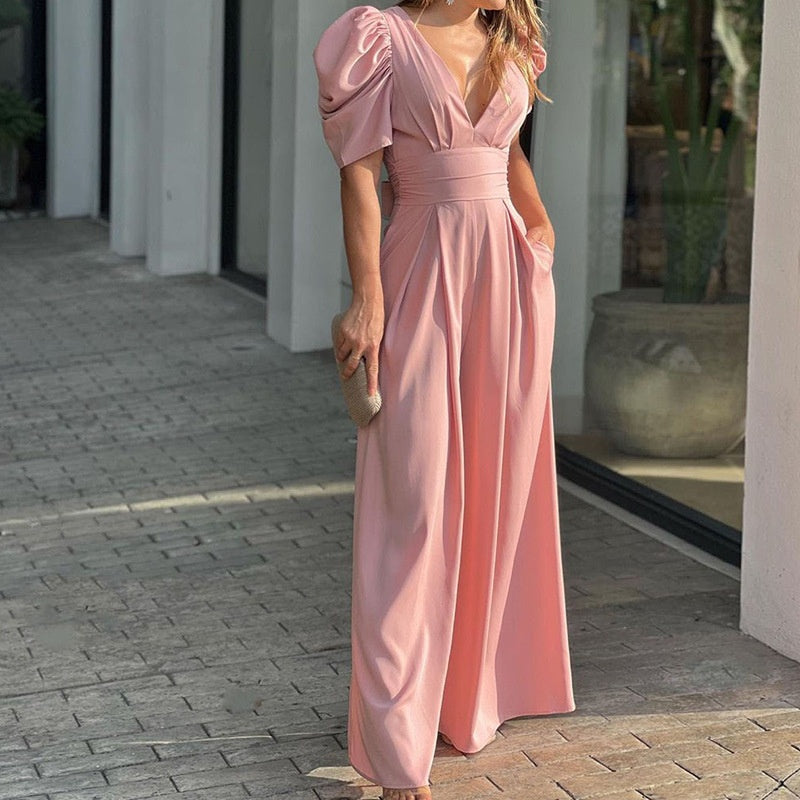 👗🌸 Women's Deep V-Neck Wide Leg Jumpsuit – High Waist, Flowy Style & Soft Fabric ✨