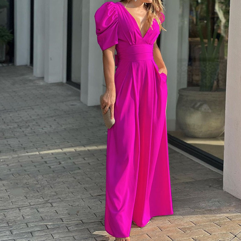 👗🌸 Women's Deep V-Neck Wide Leg Jumpsuit – High Waist, Flowy Style & Soft Fabric ✨