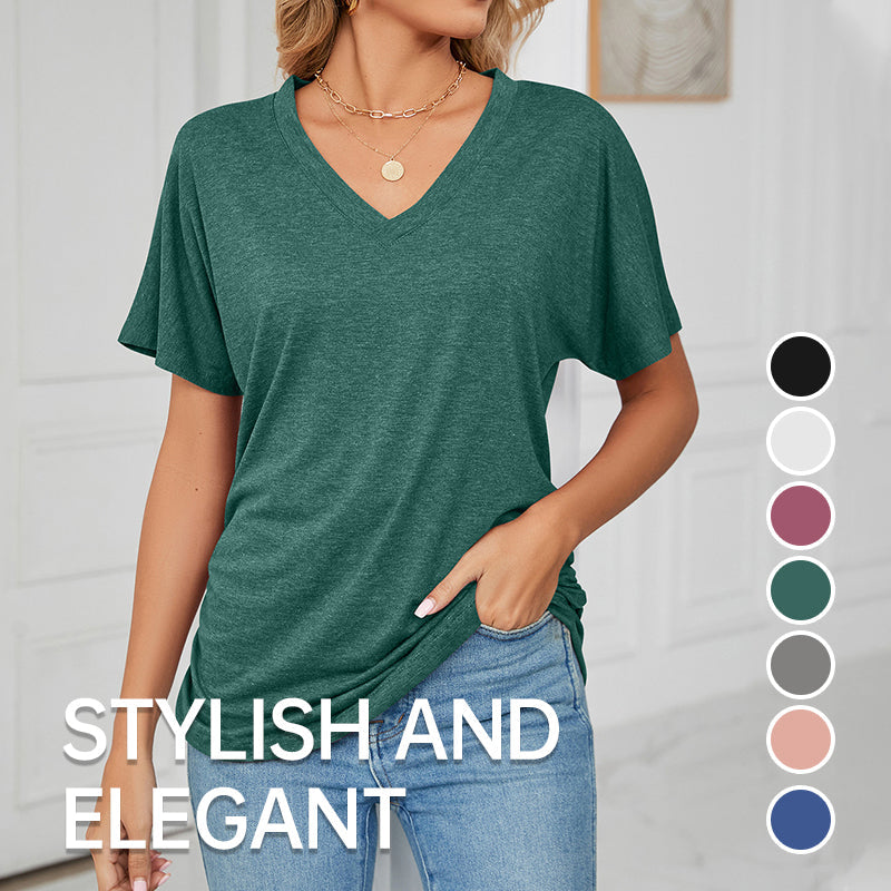 🌸Women's V-Neck Loose Soft Solid Color Short Sleeve Top