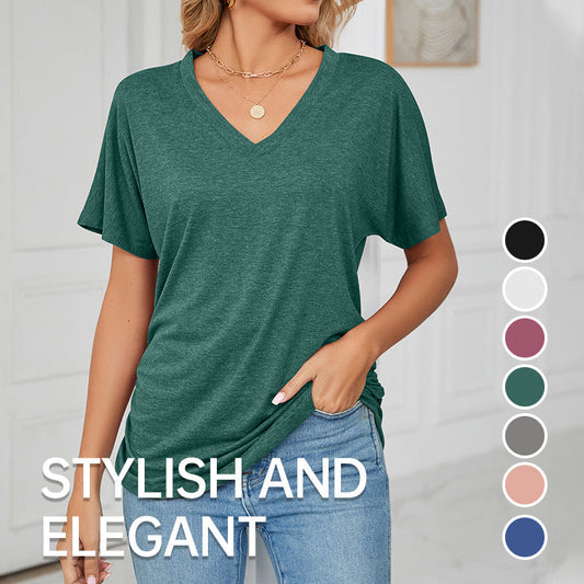 🌸Women's V-Neck Loose Soft Solid Color Short Sleeve Top