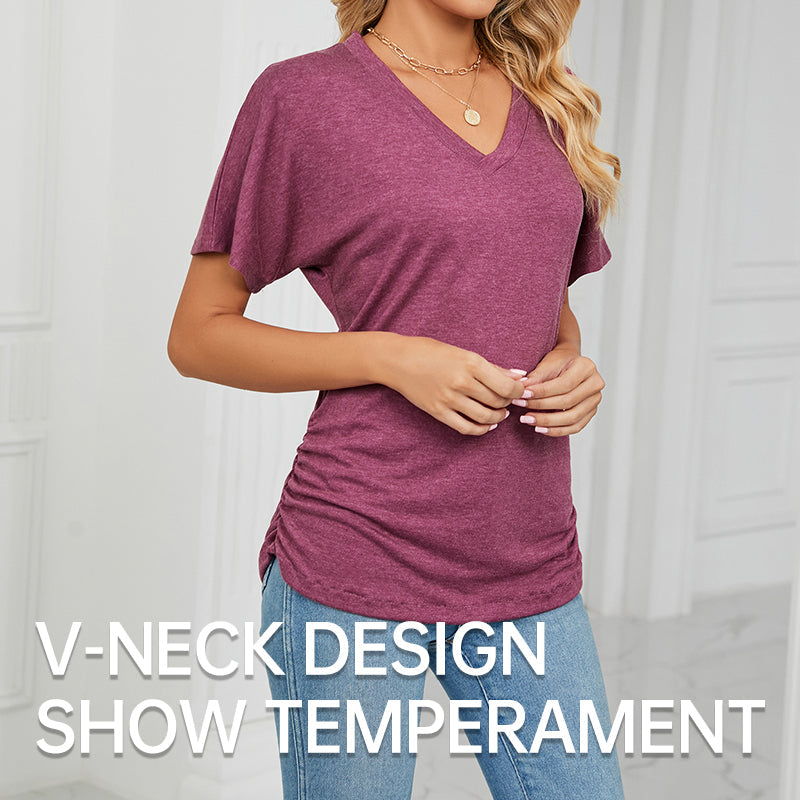 🌸Women's V-Neck Loose Soft Solid Color Short Sleeve Top