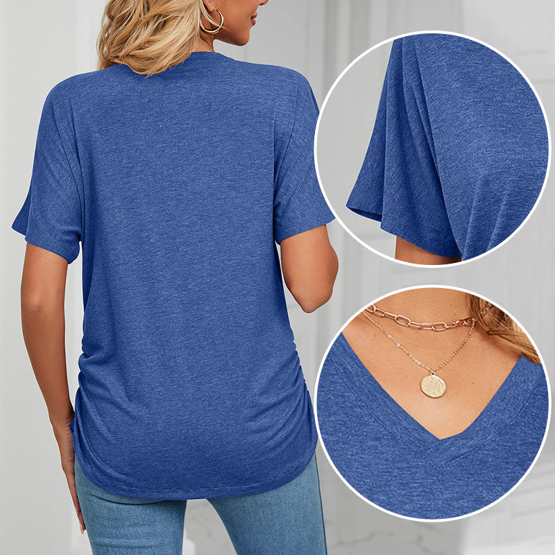 🌸Women's V-Neck Loose Soft Solid Color Short Sleeve Top