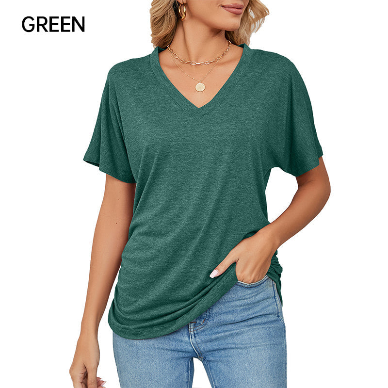🌸Women's V-Neck Loose Soft Solid Color Short Sleeve Top