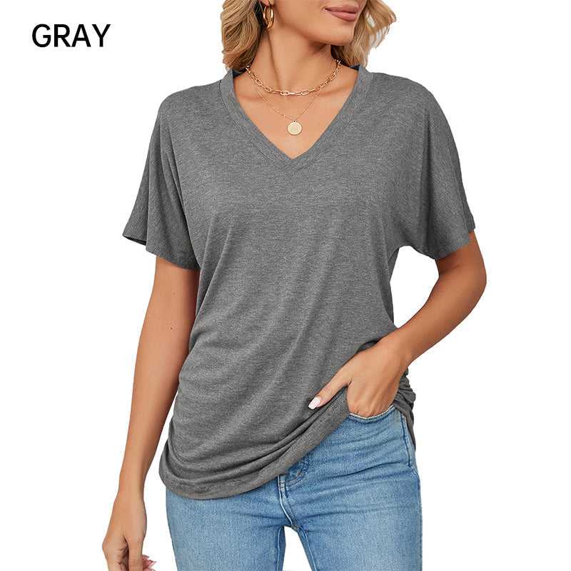 🌸Women's V-Neck Loose Soft Solid Color Short Sleeve Top
