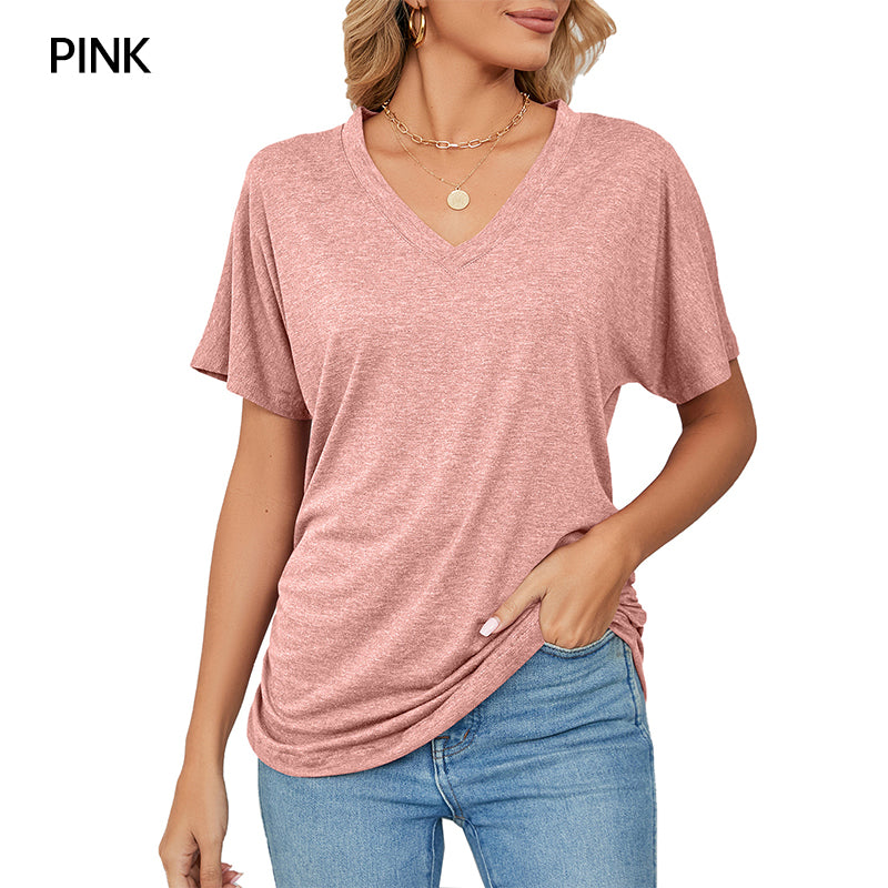 🌸Women's V-Neck Loose Soft Solid Color Short Sleeve Top