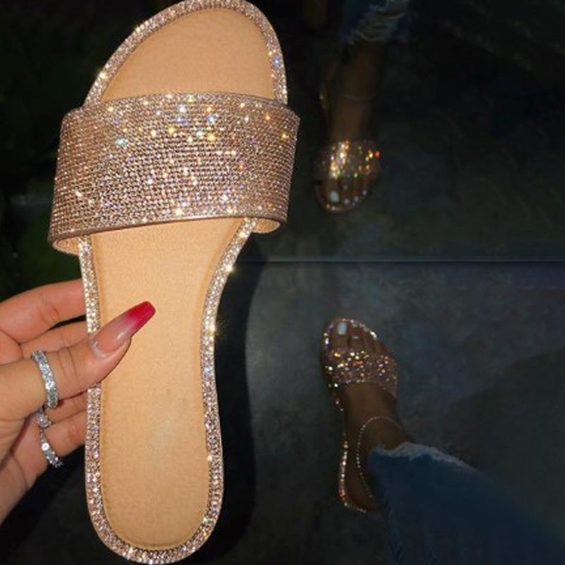 👡✨Women's Sparkling Rhinestone Flat Slide Sandals – Neon Colors, Cushioned Sole & Slip-On Style 💎