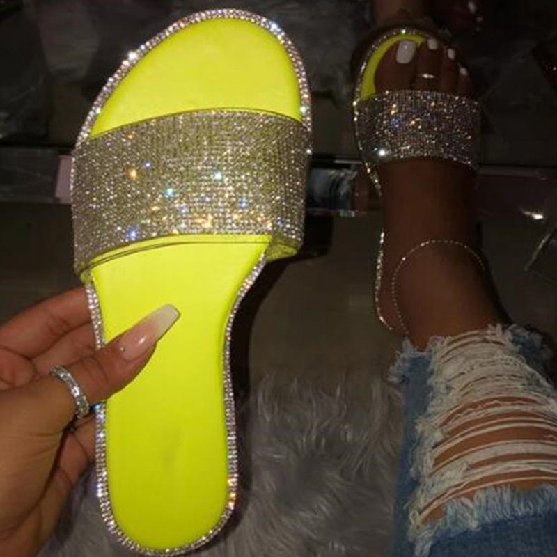 👡✨Women's Sparkling Rhinestone Flat Slide Sandals – Neon Colors, Cushioned Sole & Slip-On Style 💎