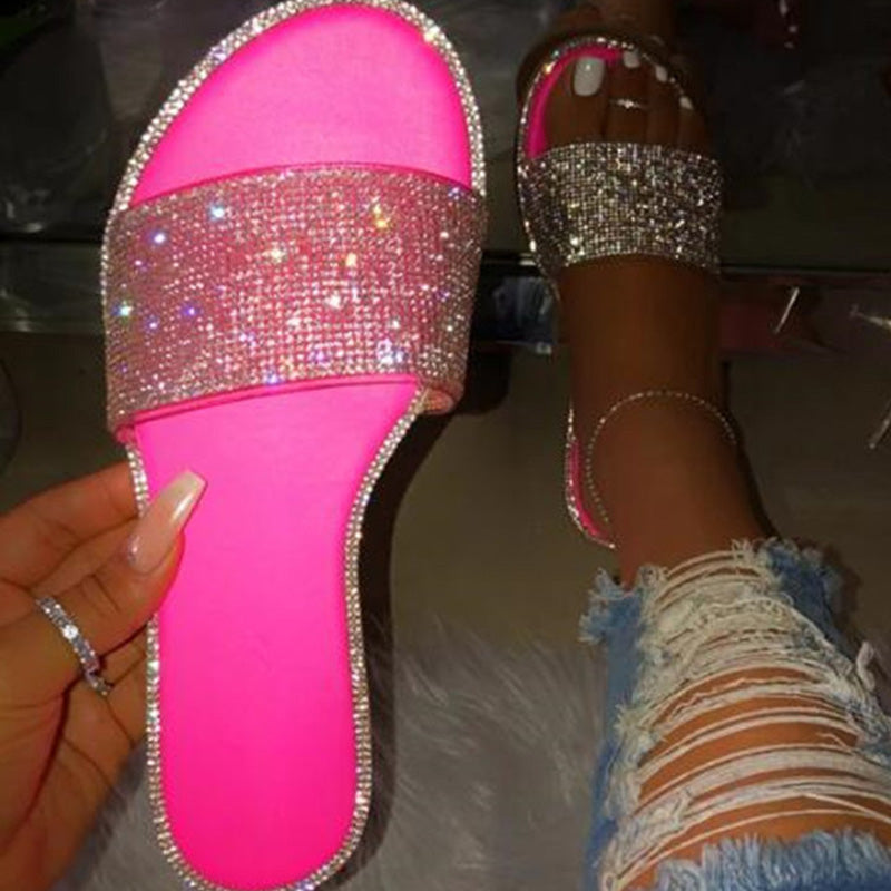 👡✨Women's Sparkling Rhinestone Flat Slide Sandals – Neon Colors, Cushioned Sole & Slip-On Style 💎