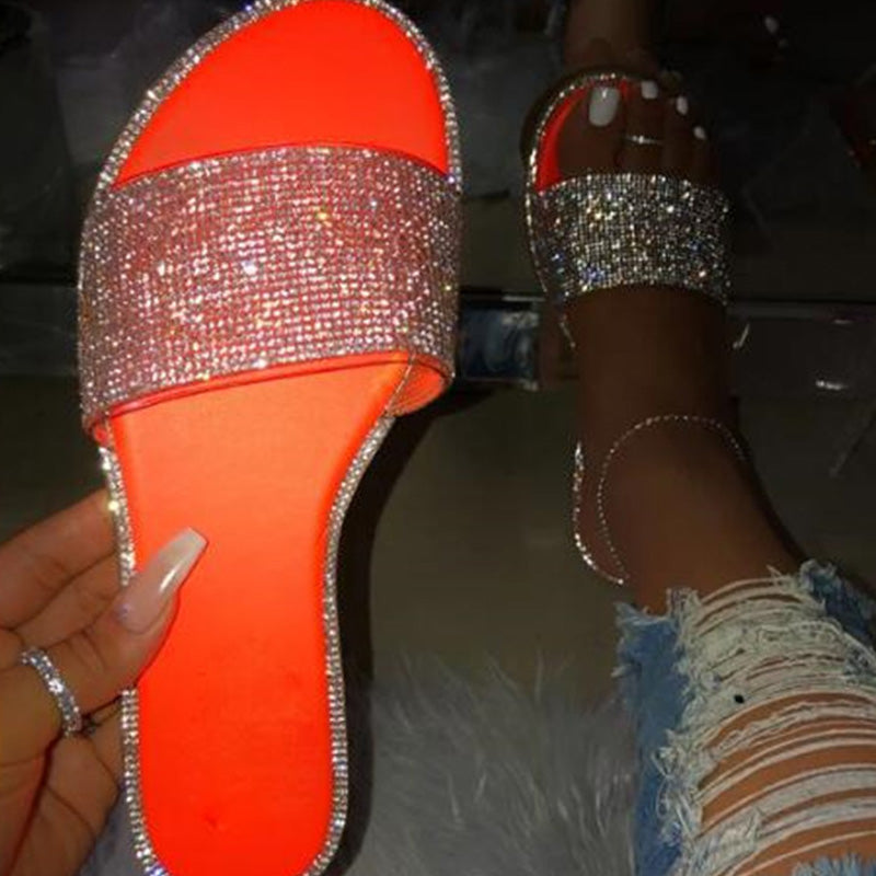 👡✨Women's Sparkling Rhinestone Flat Slide Sandals – Neon Colors, Cushioned Sole & Slip-On Style 💎