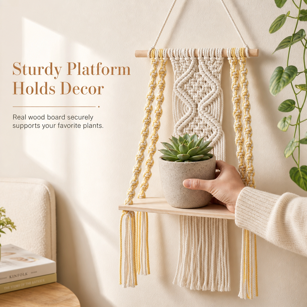 🌿 Bohemian Handwoven Floating Shelf: Macrame Wall Hanging, Wooden Platform, for Plants & Decor