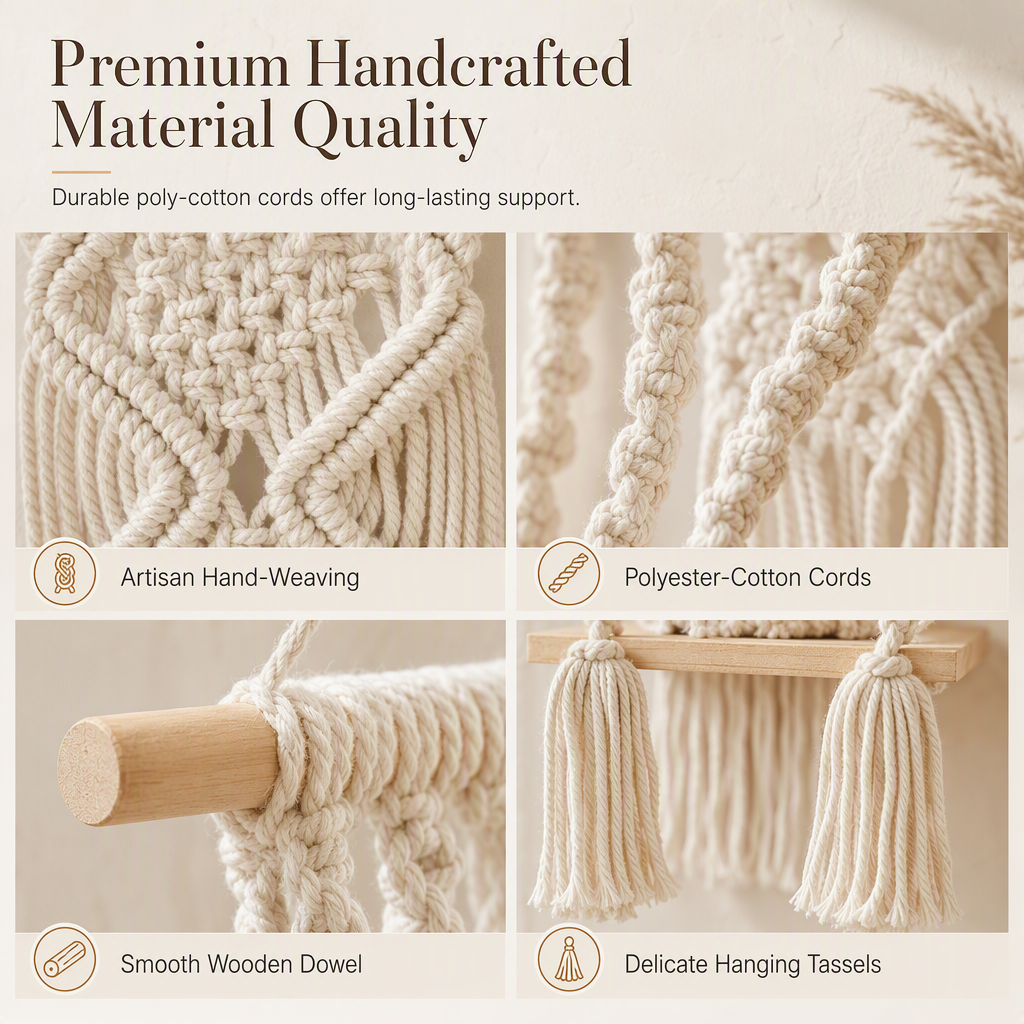 🌿 Bohemian Handwoven Floating Shelf: Macrame Wall Hanging, Wooden Platform, for Plants & Decor