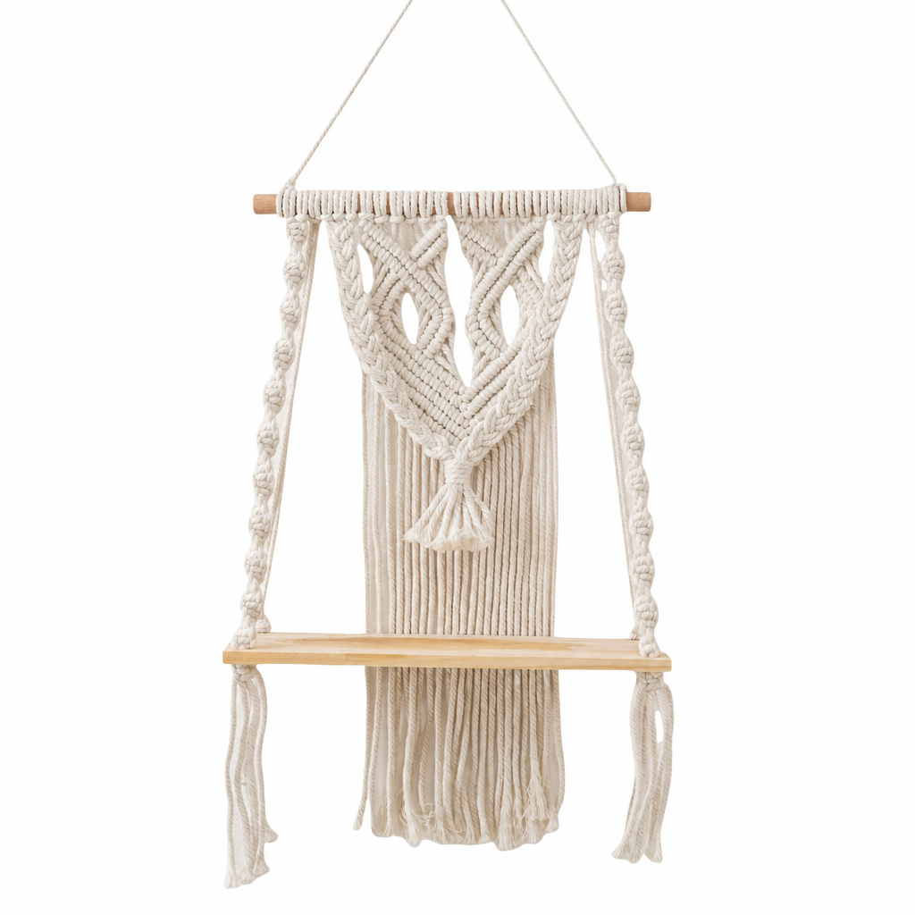 🌿 Bohemian Handwoven Floating Shelf: Macrame Wall Hanging, Wooden Platform, for Plants & Decor