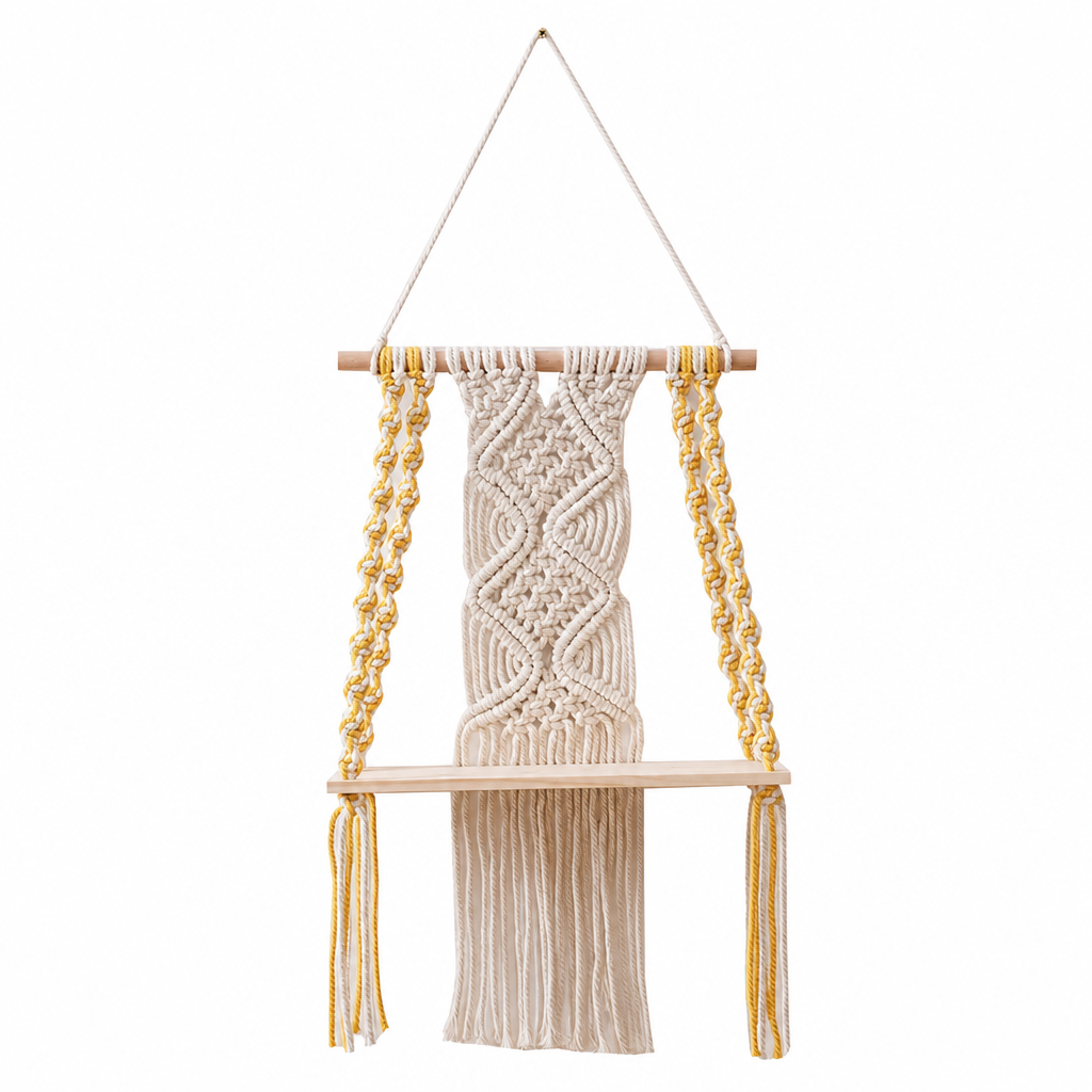 🌿 Bohemian Handwoven Floating Shelf: Macrame Wall Hanging, Wooden Platform, for Plants & Decor