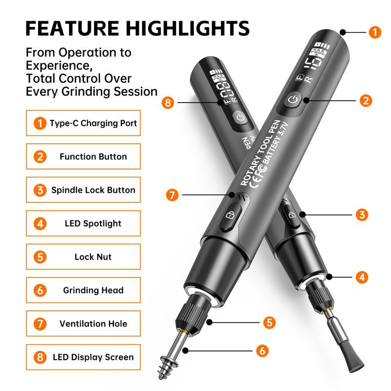 🔧 Rotary Grinding Pen: 6-Speed, 16,000 RPM, Forward/Reverse, Use While Charging, Digital Display