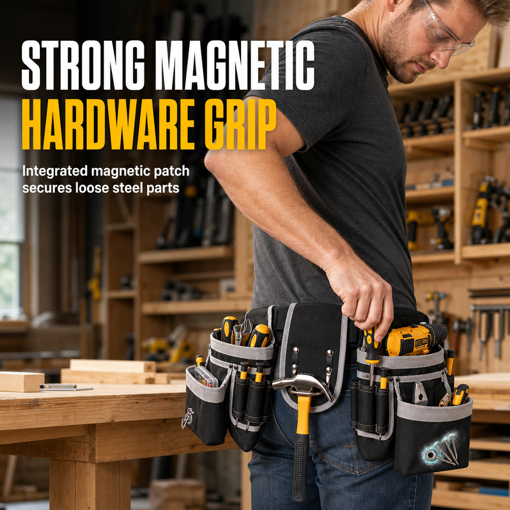 🔧 Heavy-Duty Tool Belt: Magnetic Grip, Reinforced Rivets, Quick Release Buckle, Multi-Pocket