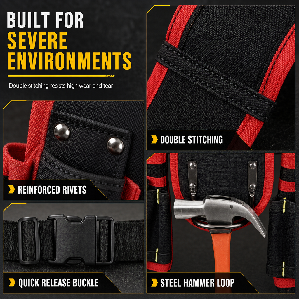 🔧 Heavy-Duty Tool Belt: Magnetic Grip, Reinforced Rivets, Quick Release Buckle, Multi-Pocket