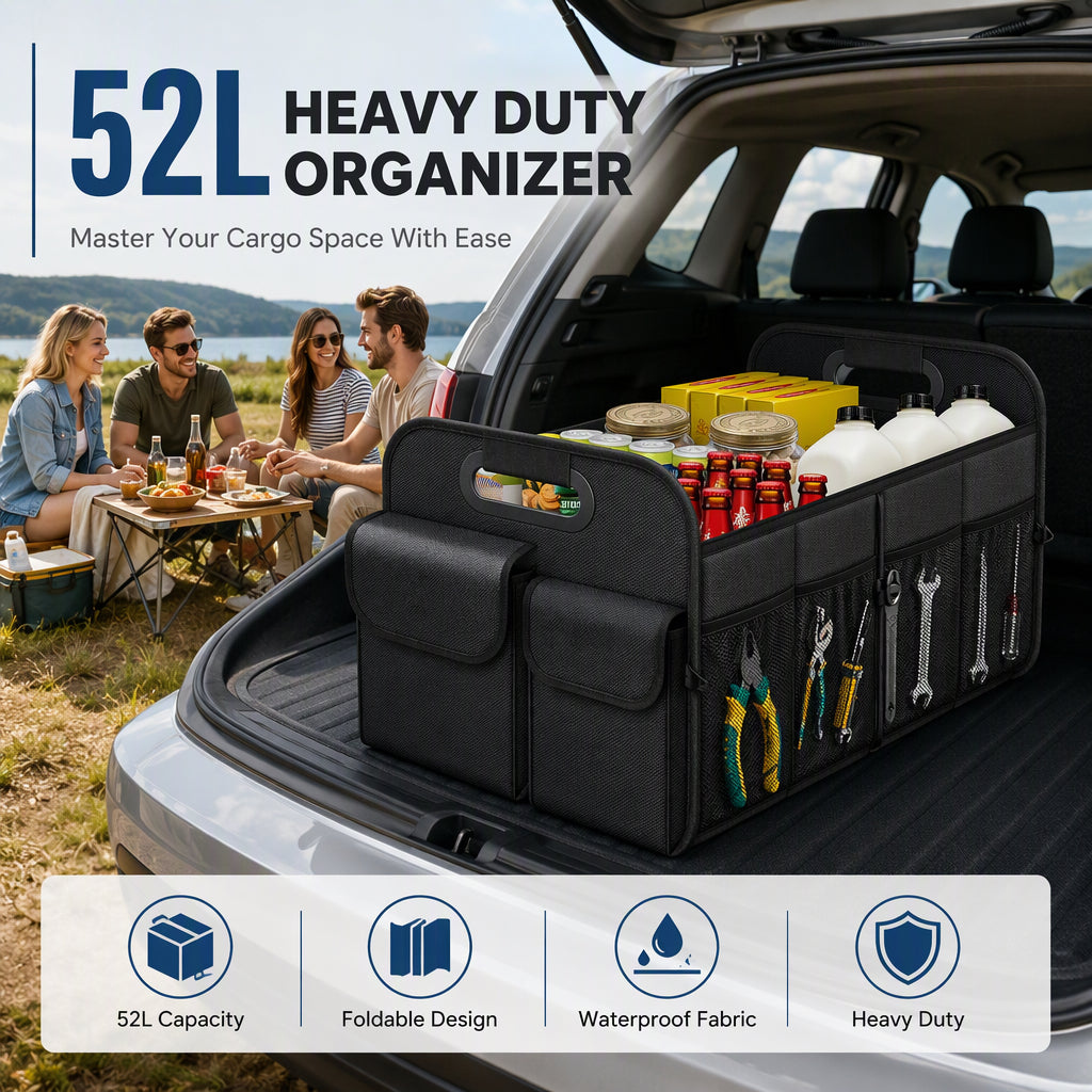 🚗 52L Car Boot Organiser: Heavy-Duty, 3-in-1 Foldable, Waterproof Oxford, Stable