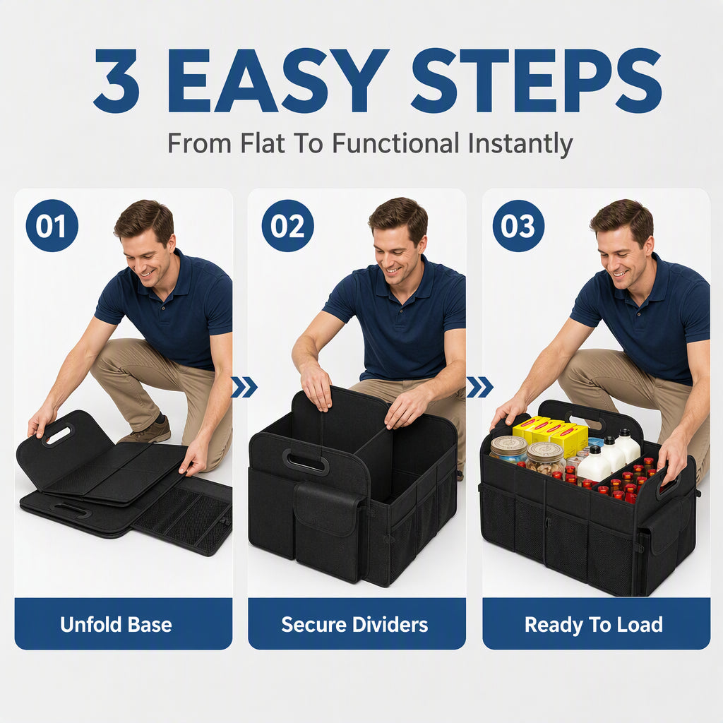 🚗 52L Car Boot Organiser: Heavy-Duty, 3-in-1 Foldable, Waterproof Oxford, Stable