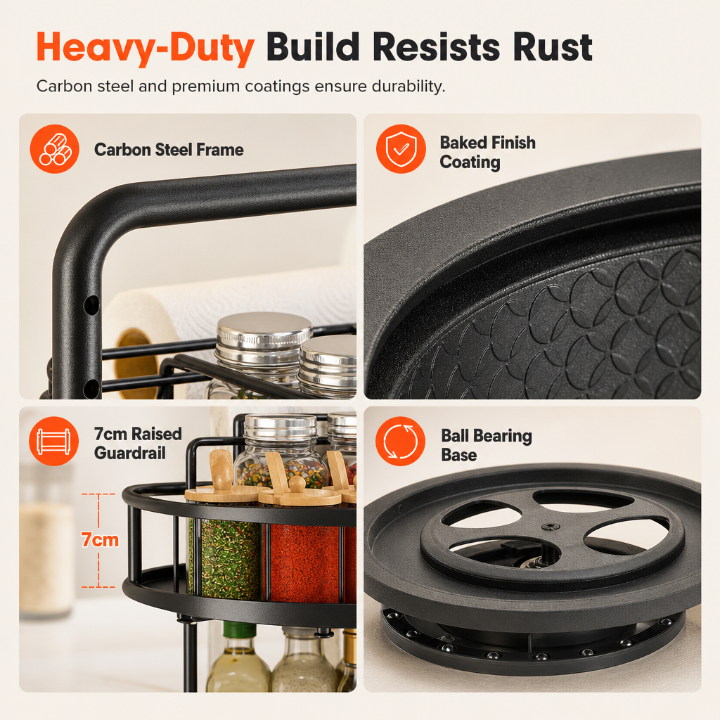 🧂 360° Rotating Spice Rack: Tall Bottle Storage, Rust-Resistant, Tool-Free Setup