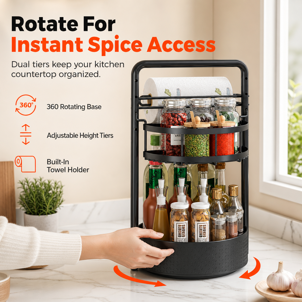 🧂 360° Rotating Spice Rack: Tall Bottle Storage, Rust-Resistant, Tool-Free Setup