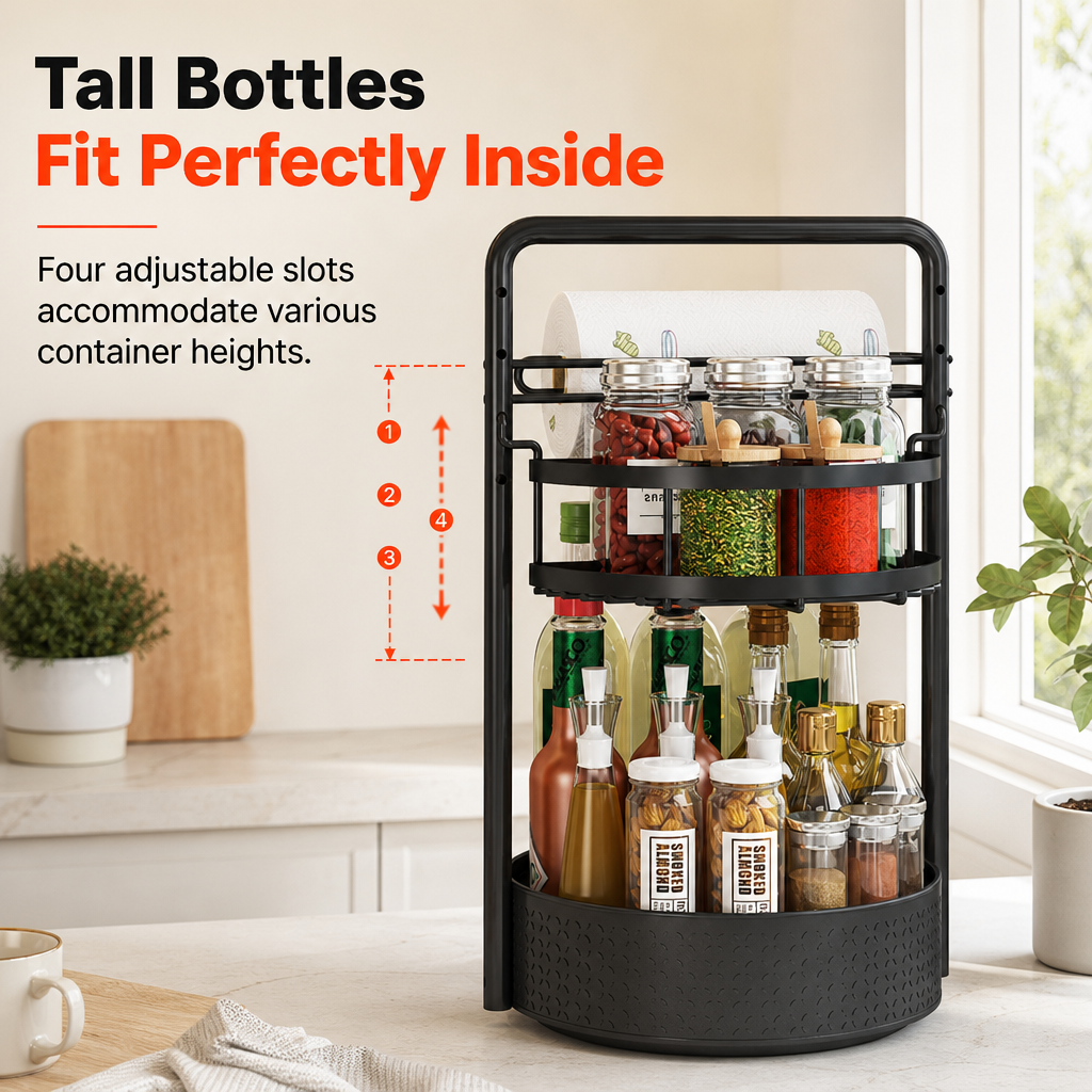 🧂 360° Rotating Spice Rack: Tall Bottle Storage, Rust-Resistant, Tool-Free Setup