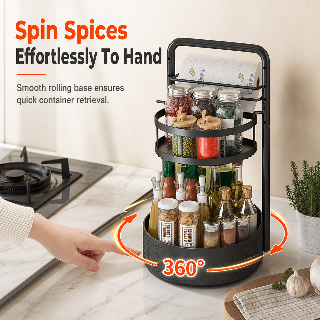 🧂 360° Rotating Spice Rack: Tall Bottle Storage, Rust-Resistant, Tool-Free Setup