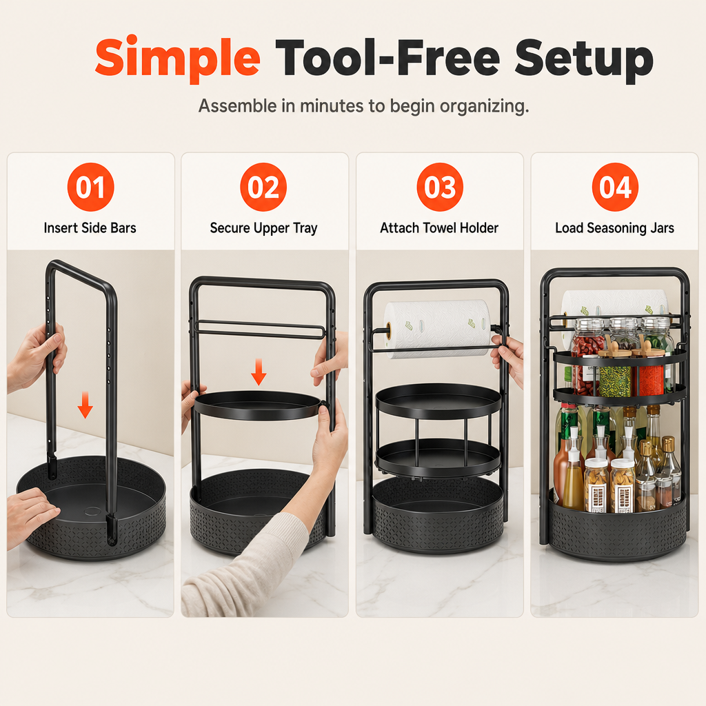 🧂 360° Rotating Spice Rack: Tall Bottle Storage, Rust-Resistant, Tool-Free Setup