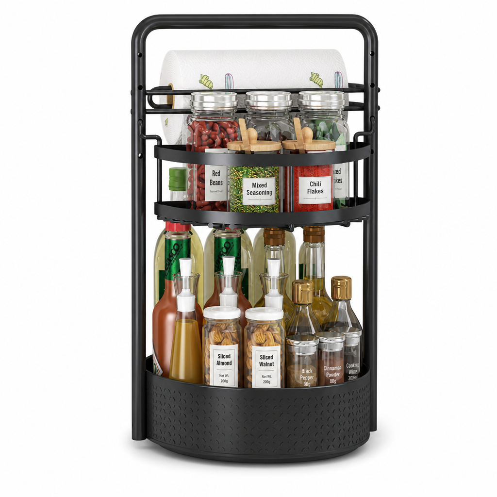 🧂 360° Rotating Spice Rack: Tall Bottle Storage, Rust-Resistant, Tool-Free Setup