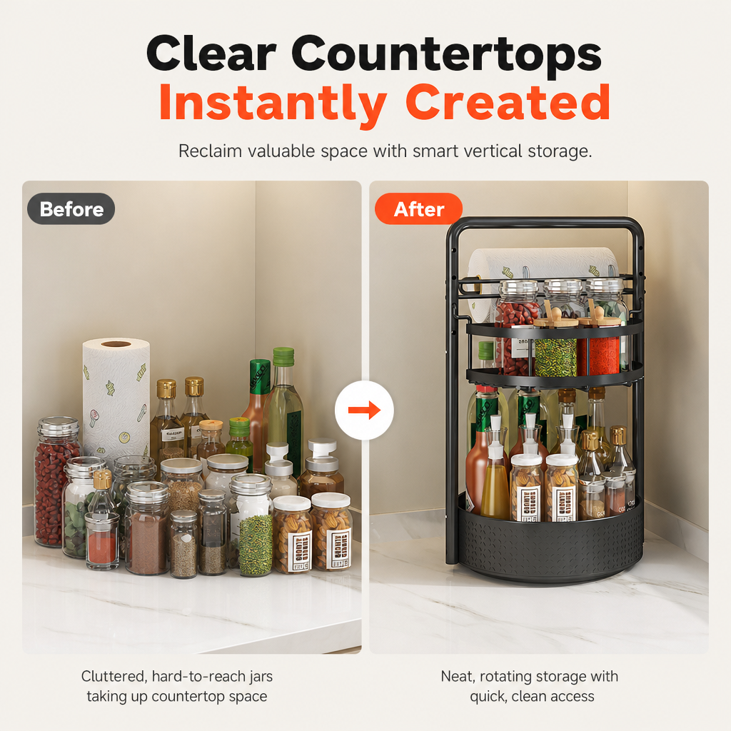 🧂 360° Rotating Spice Rack: Tall Bottle Storage, Rust-Resistant, Tool-Free Setup