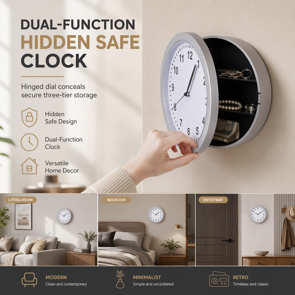 ✨ Vintage Wall Clock with Hidden Safe: 3 Shelves, Magnetic Latch, Quartz Movement