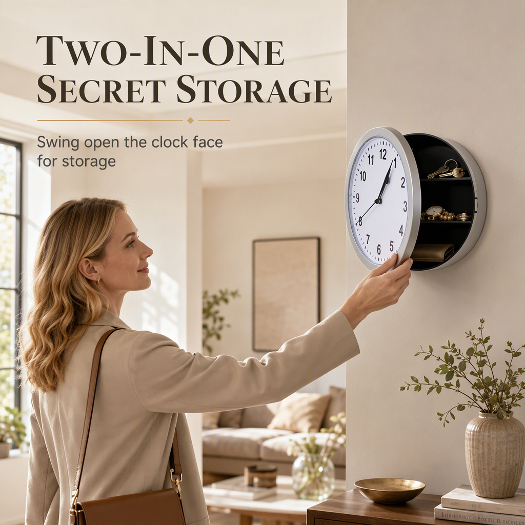 ✨ Vintage Wall Clock with Hidden Safe: 3 Shelves, Magnetic Latch, Quartz Movement