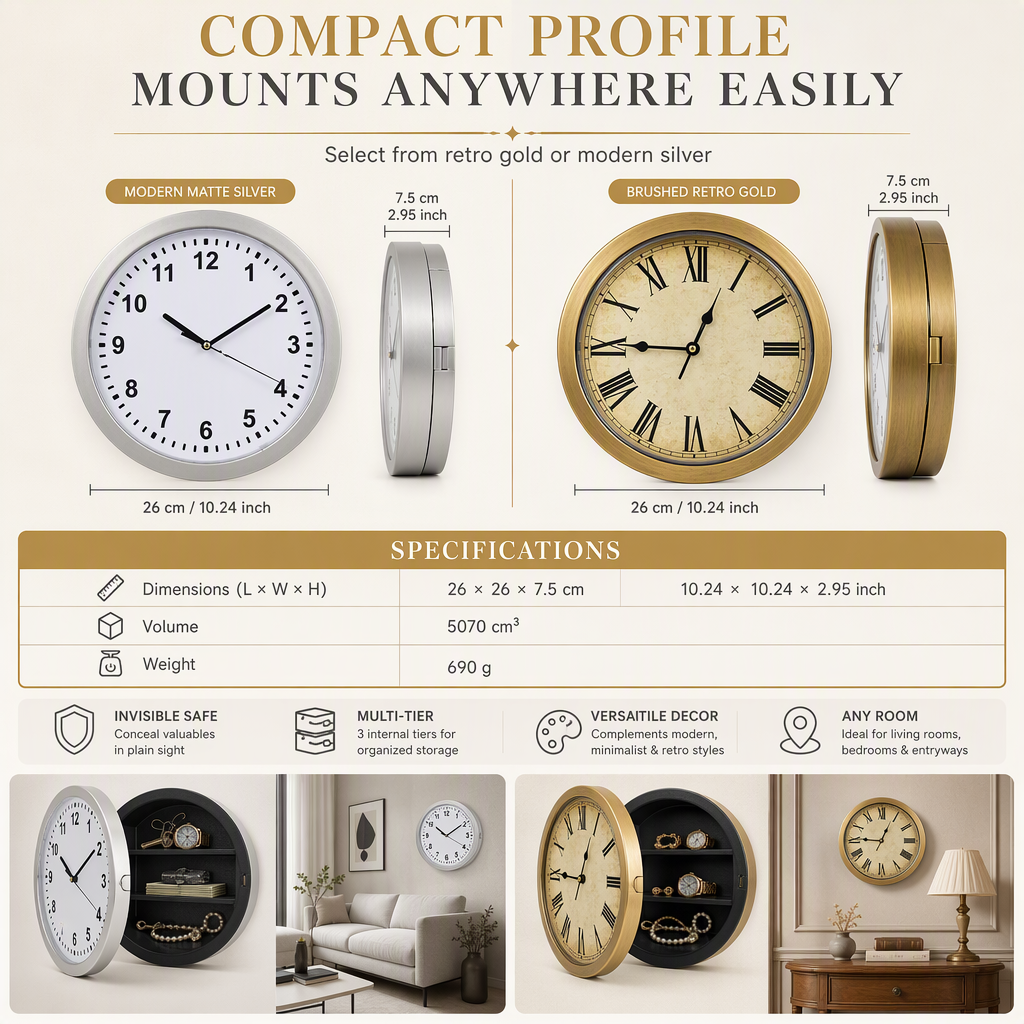 ✨ Vintage Wall Clock with Hidden Safe: 3 Shelves, Magnetic Latch, Quartz Movement