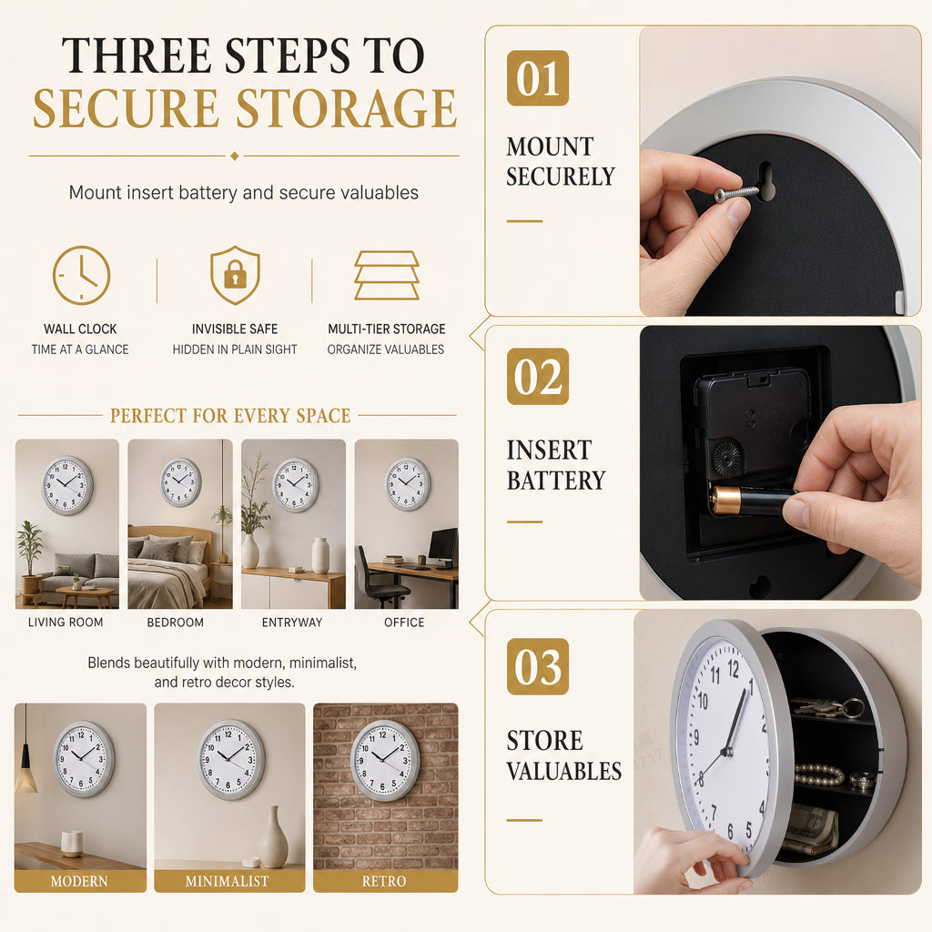 ✨ Vintage Wall Clock with Hidden Safe: 3 Shelves, Magnetic Latch, Quartz Movement