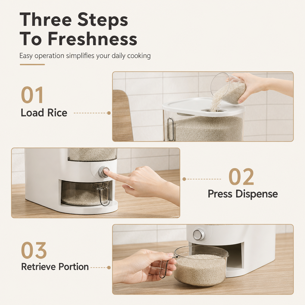 🍚 One-Touch Rice Dispenser: Airtight Seal, Measured Portions, Pest-Proof Storage