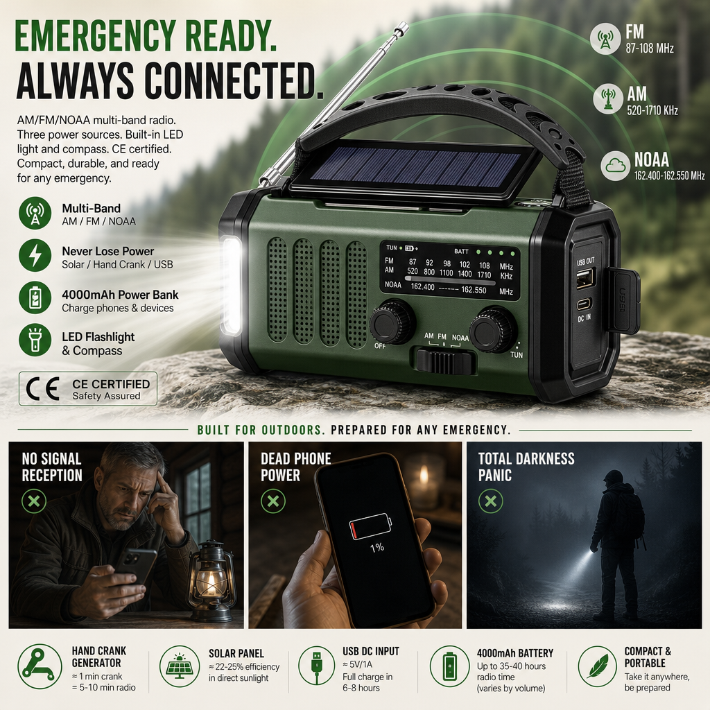 📻 Solar & Hand-Crank Emergency Radio: Multi-Band, USB Phone Charging, Torch, Rugged