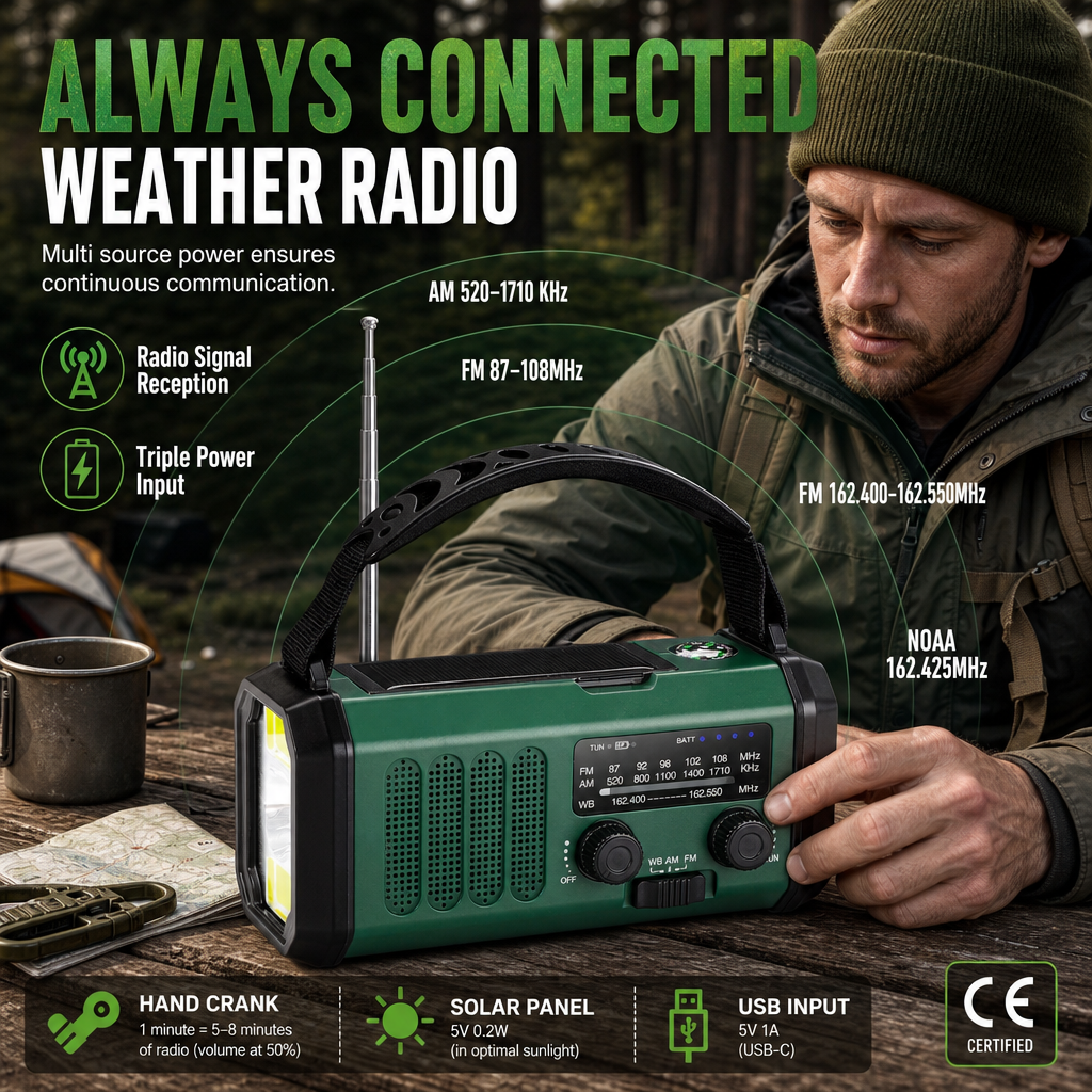 📻 Solar & Hand-Crank Emergency Radio: Multi-Band, USB Phone Charging, Torch, Rugged