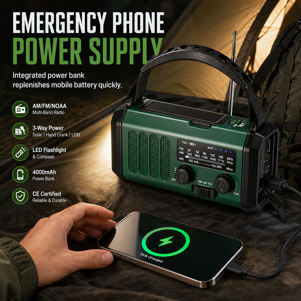 📻 Solar & Hand-Crank Emergency Radio: Multi-Band, USB Phone Charging, Torch, Rugged