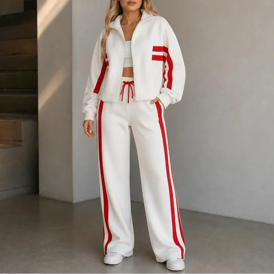 Cream-Striped Sporty Two-Piece Set