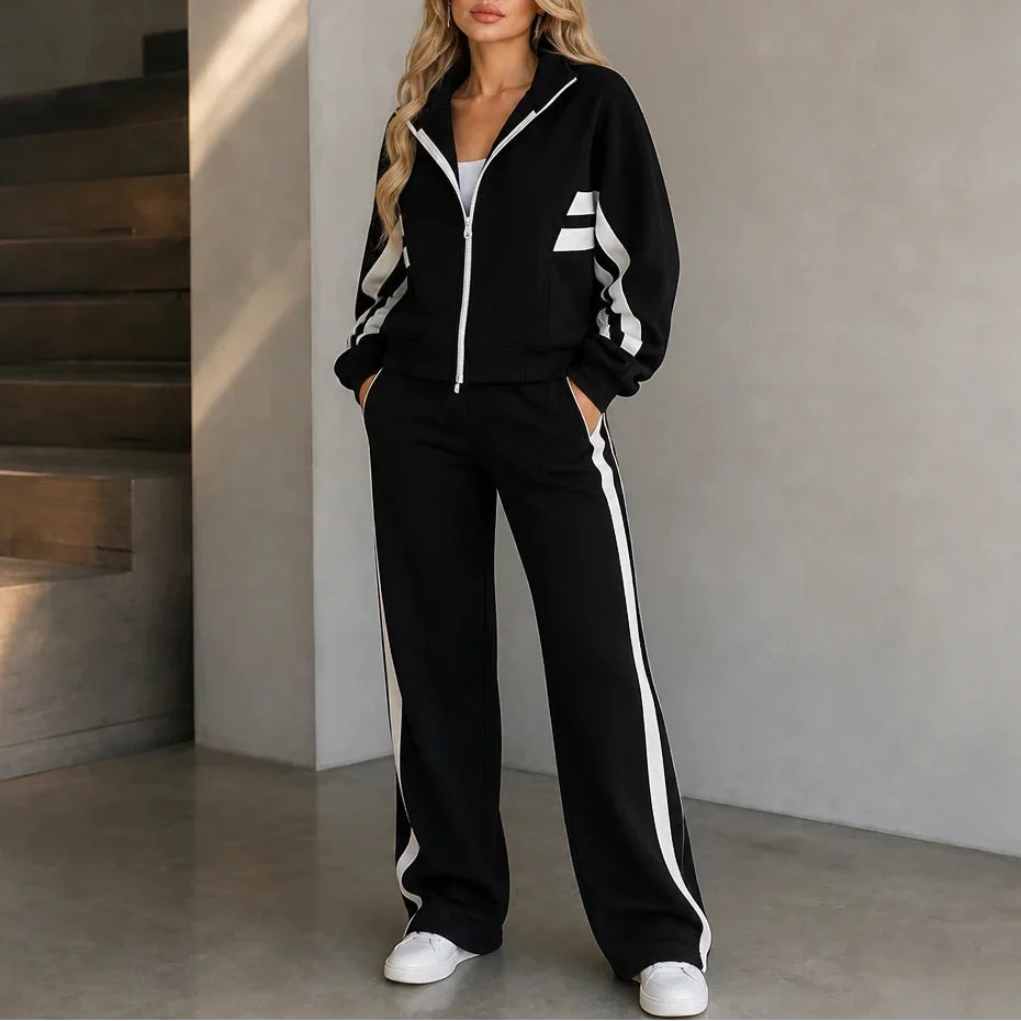 Cream-Striped Sporty Two-Piece Set