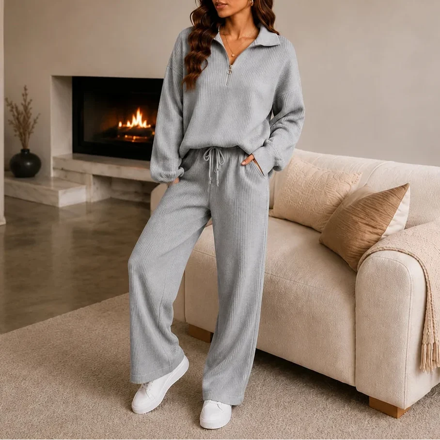 Ribbed Double-Knit Sweater And Wide-Leg Pants Set