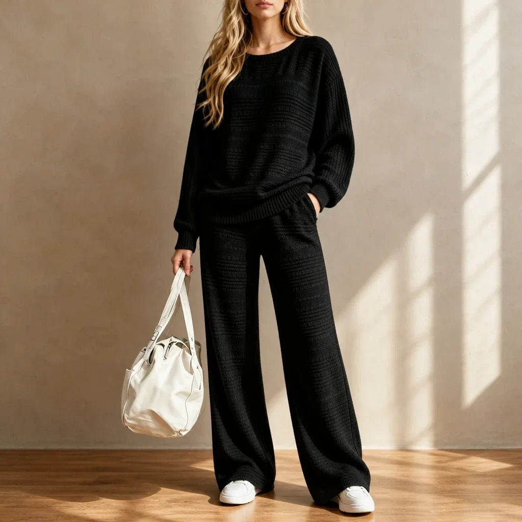Ribbed Knit Top And Wide-Leg Pants Set
