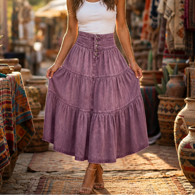 High-Waist Tiered A-Line Maxi Skirt