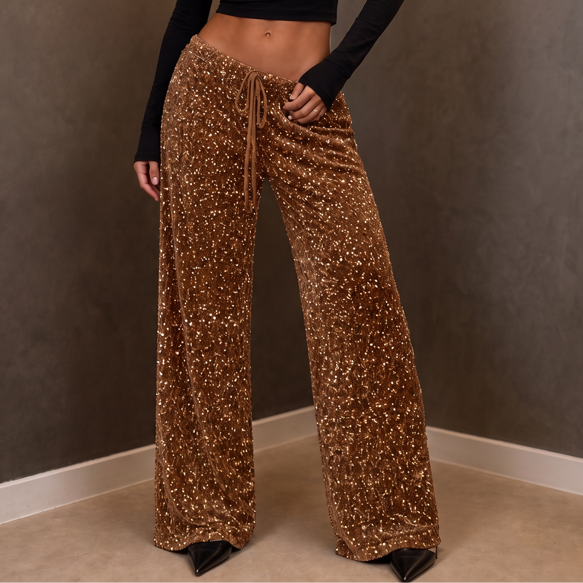 Sequin Elastic Waist Wide-Leg Pants