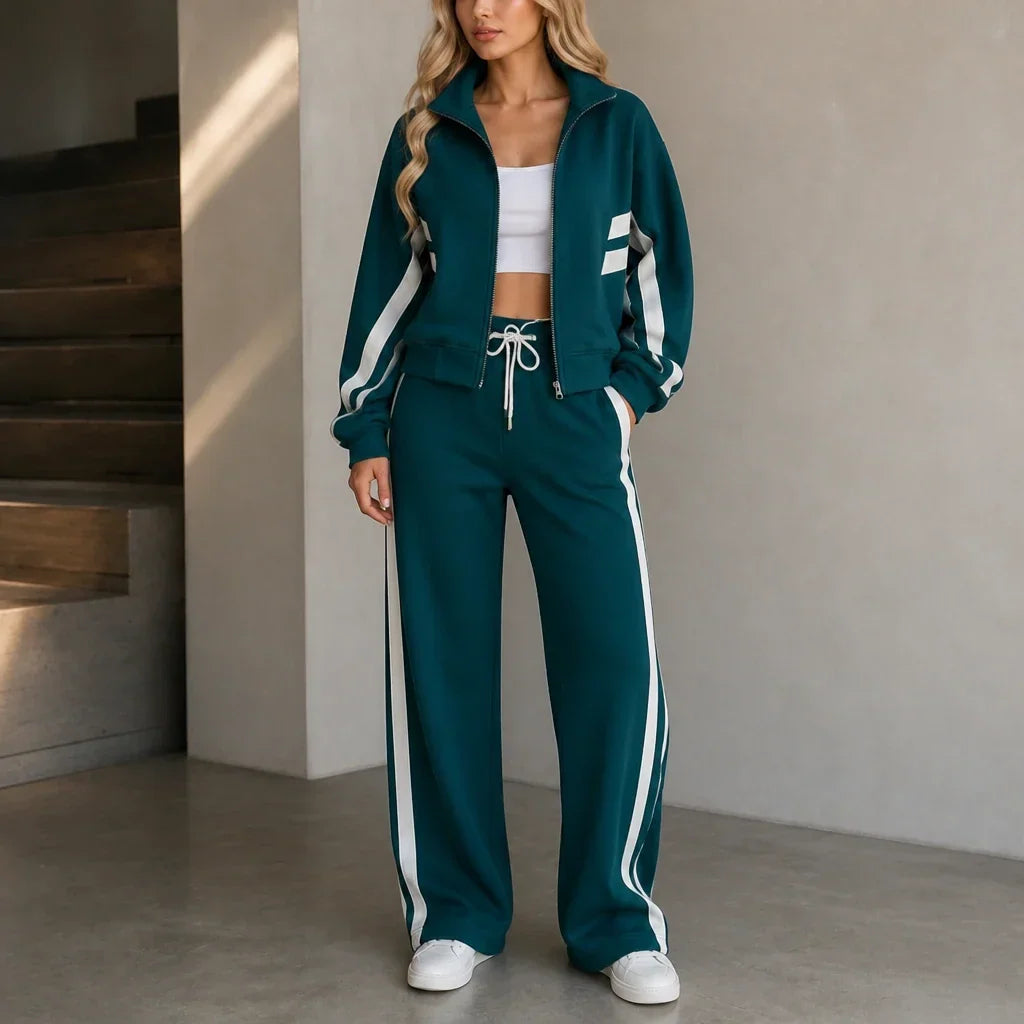 Cream-Striped Sporty Two-Piece Set