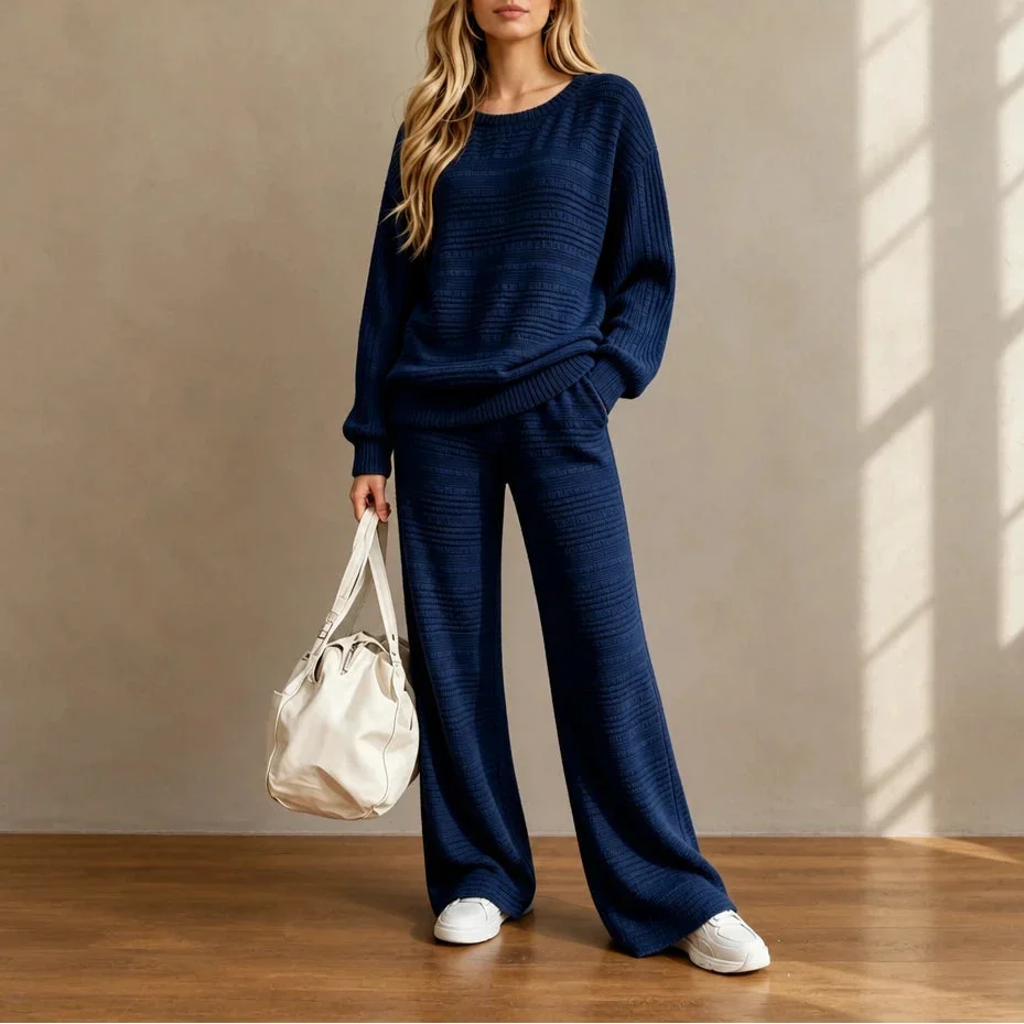 Ribbed Knit Top And Wide-Leg Pants Set
