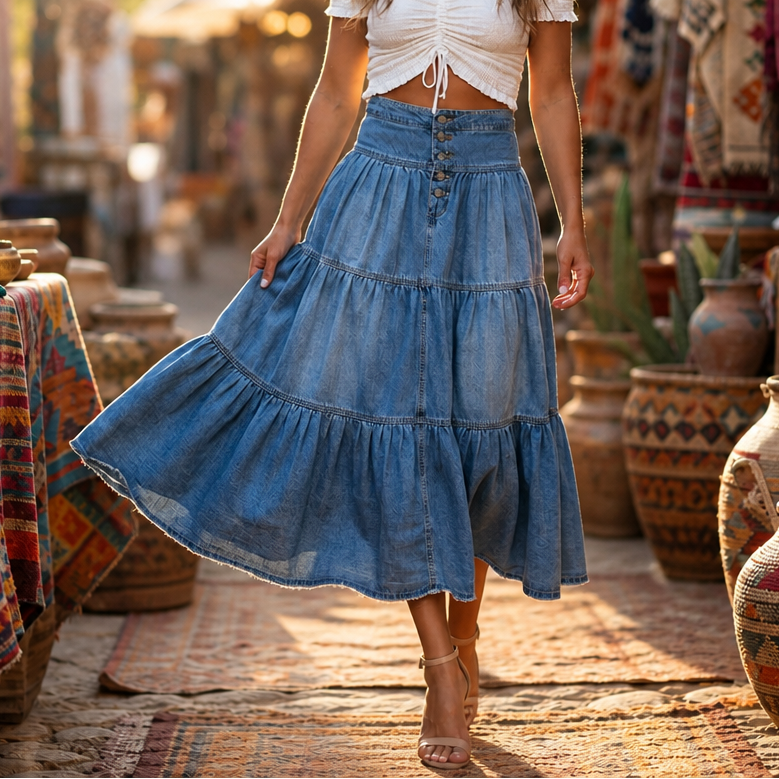 High-Waist Tiered A-Line Maxi Skirt