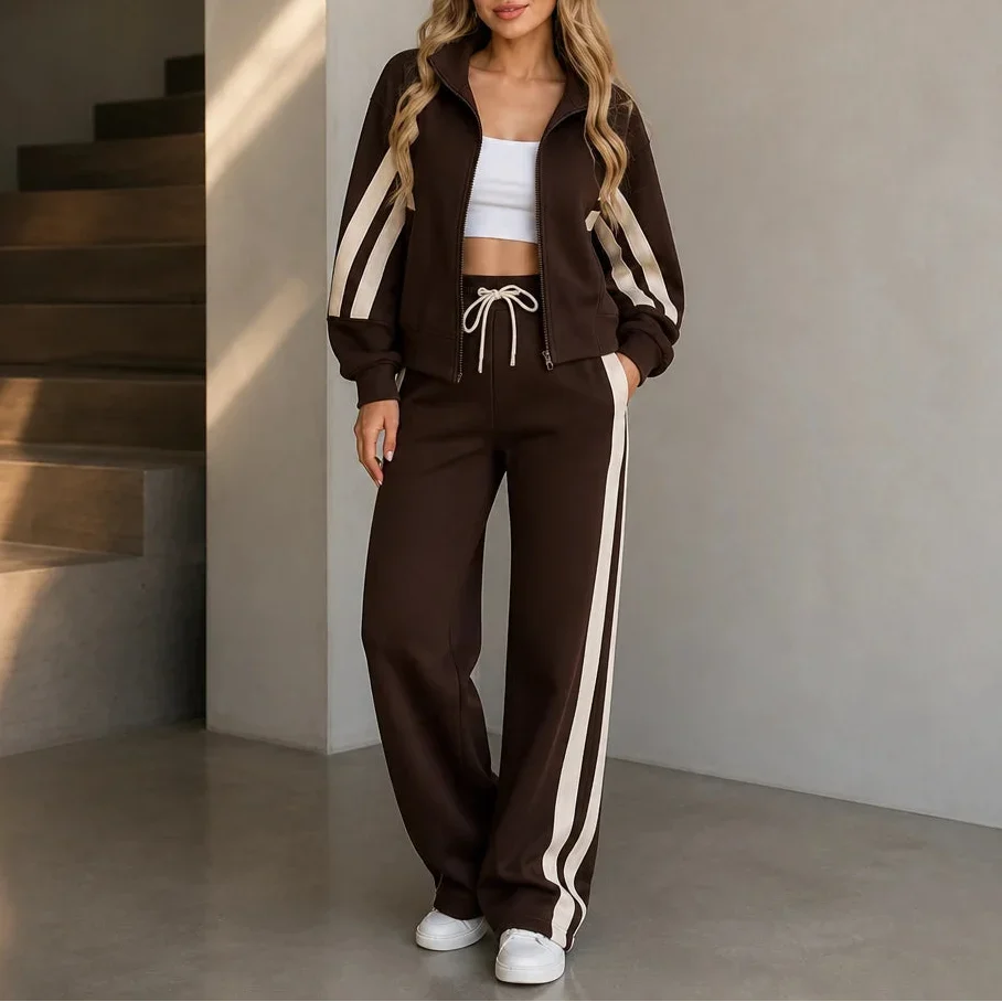 Cream-Striped Sporty Two-Piece Set