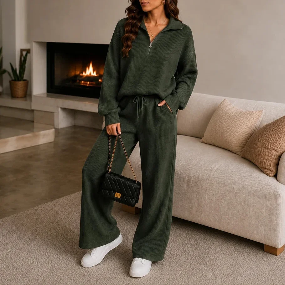 Ribbed Double-Knit Sweater And Wide-Leg Pants Set
