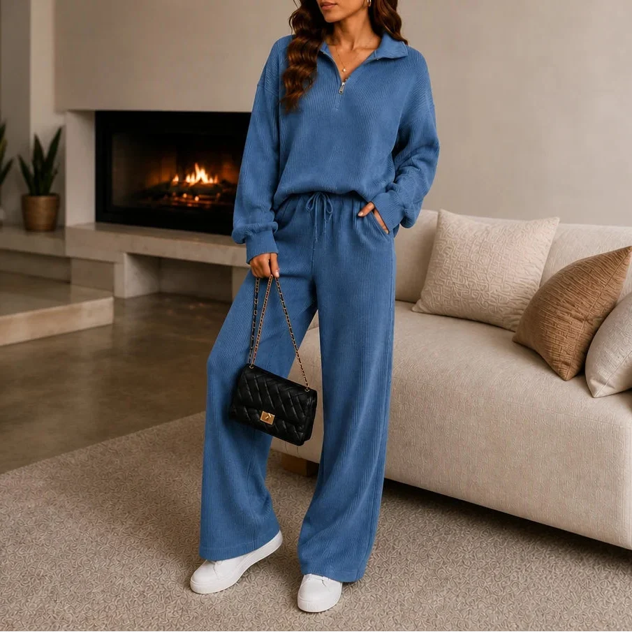 Ribbed Double-Knit Sweater And Wide-Leg Pants Set