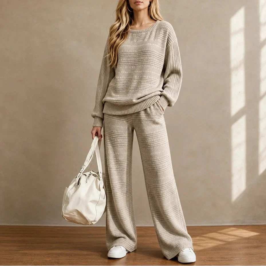 Ribbed Knit Top And Wide-Leg Pants Set